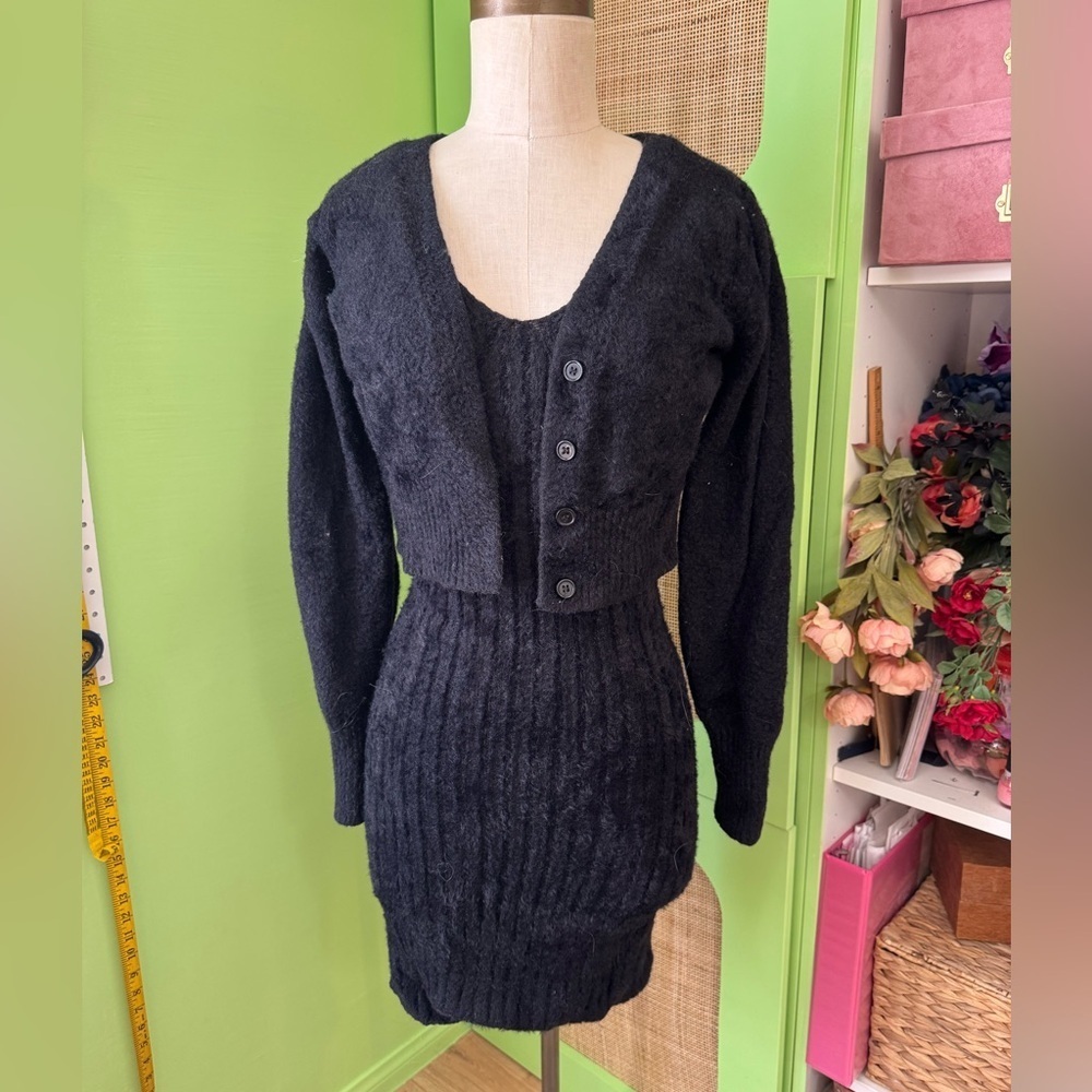 Black Fuzzy Knit Sweater & Bodycon Dress Set